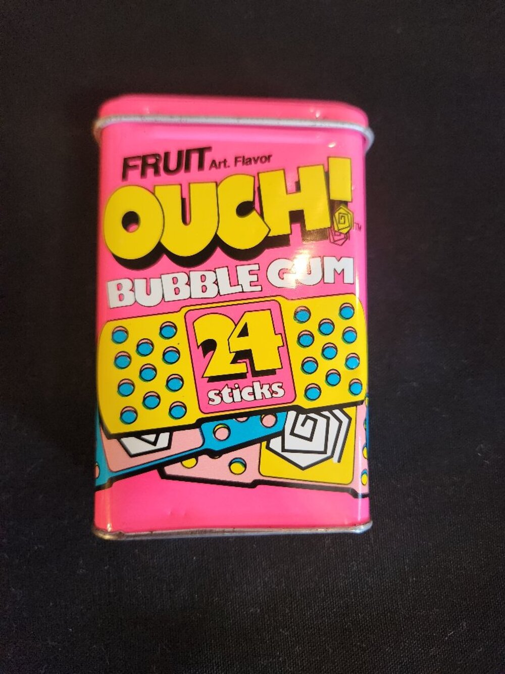 Vintage Fruit Ouch Bubble Gum Tin 24 Sticks Pink Metal Tin w/ Gum Packs